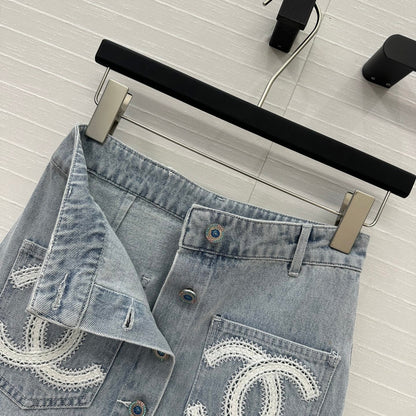 CC 25 Single-breasted Short Skirt Light Blue Denim Cotton