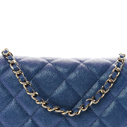 Iridescent Caviar Quilted Wallet on Chain WOC Dark Blue