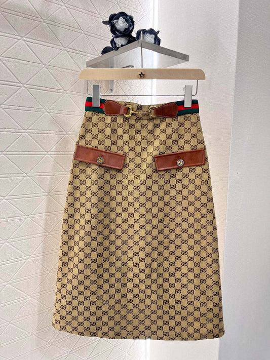 GG Mid-Length Skirt Canvas Brown Polyester Fiber