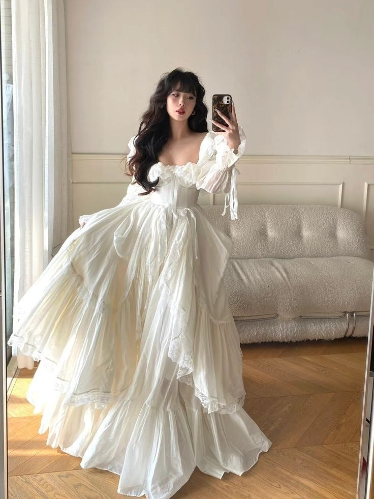 Princess A Line Long Sleeve Tiered Ivory Satin Long Party Dress Evening Dress SH2860