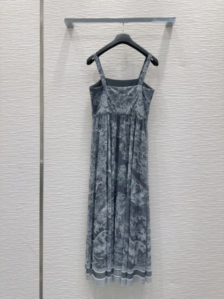 CD 25 Print Suspender Skirt Light Gray and Navy Blue Polyester