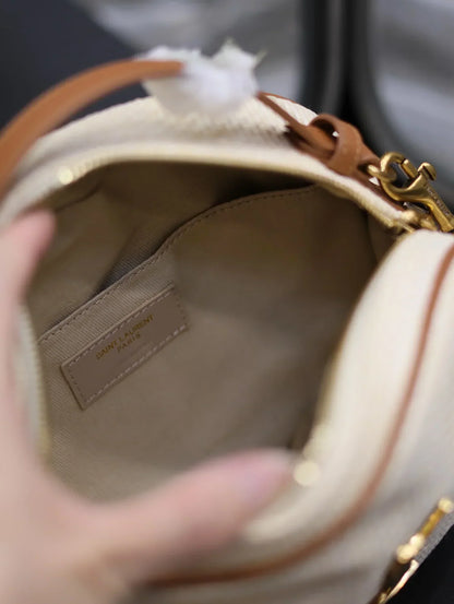 YSL Leather-trimmed raffia shoulder bag - 22×16.5×6cm