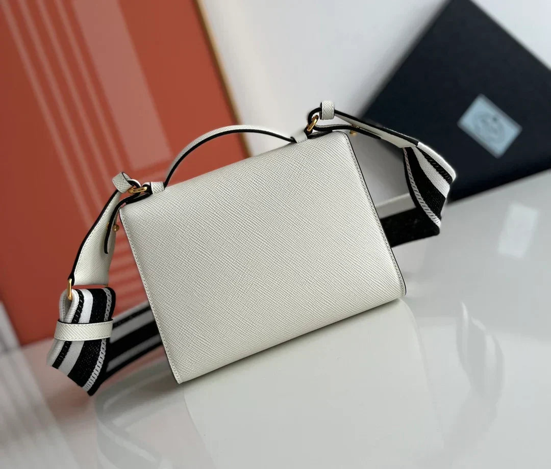 Prada Monochrome Saffiano 21 Leather Bag in White 21x14x6.5cm