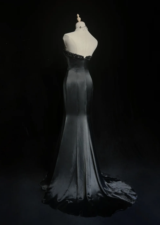 Fashion Sweetheart Neck Black Satin Beaded Mermaid Long Evening Dress Formal Wedding Guest Dress SP1959