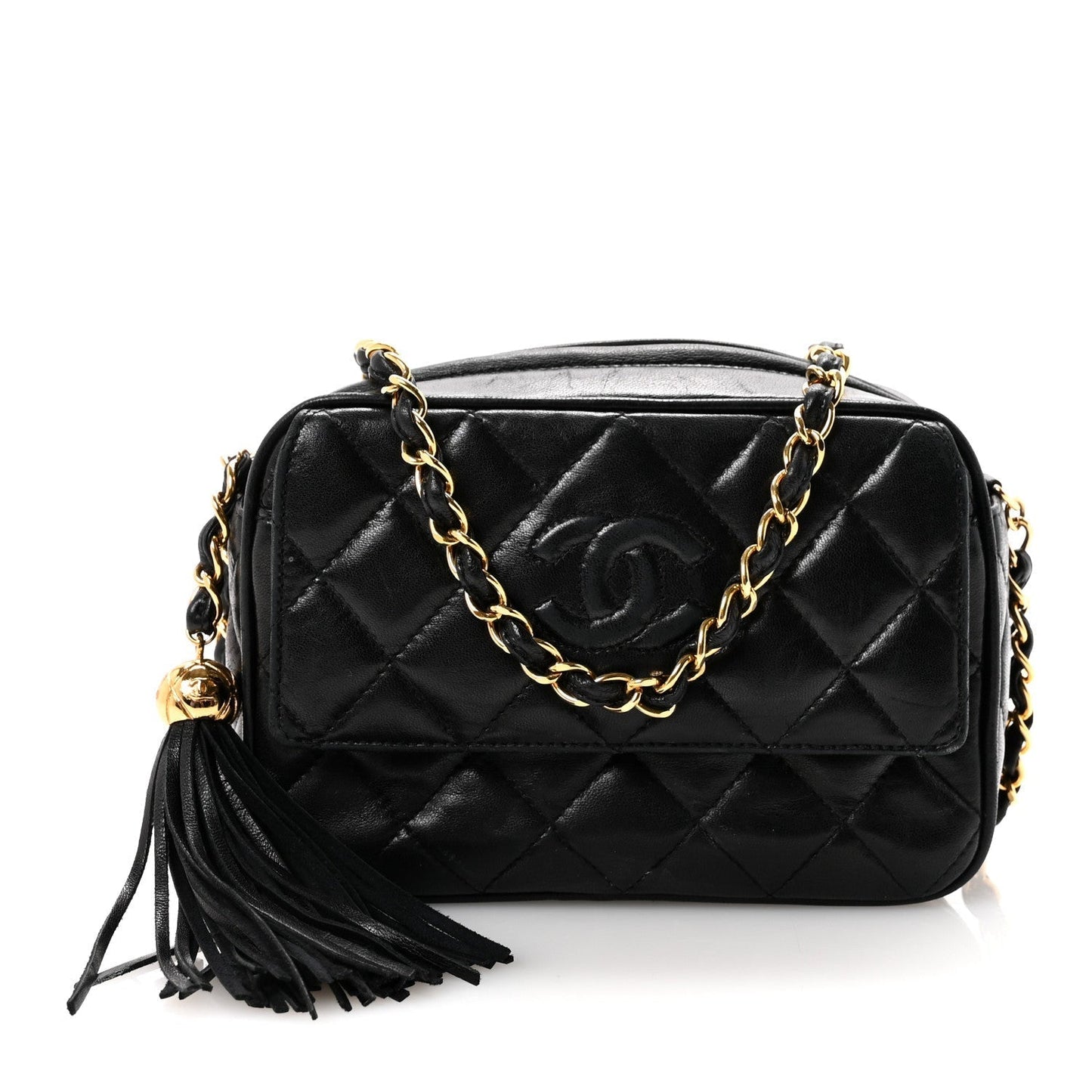 Lambskin Quilted Tassel Camera Case Black