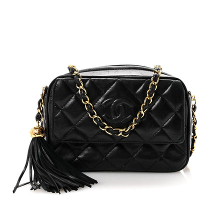 Lambskin Quilted Tassel Camera Case Black