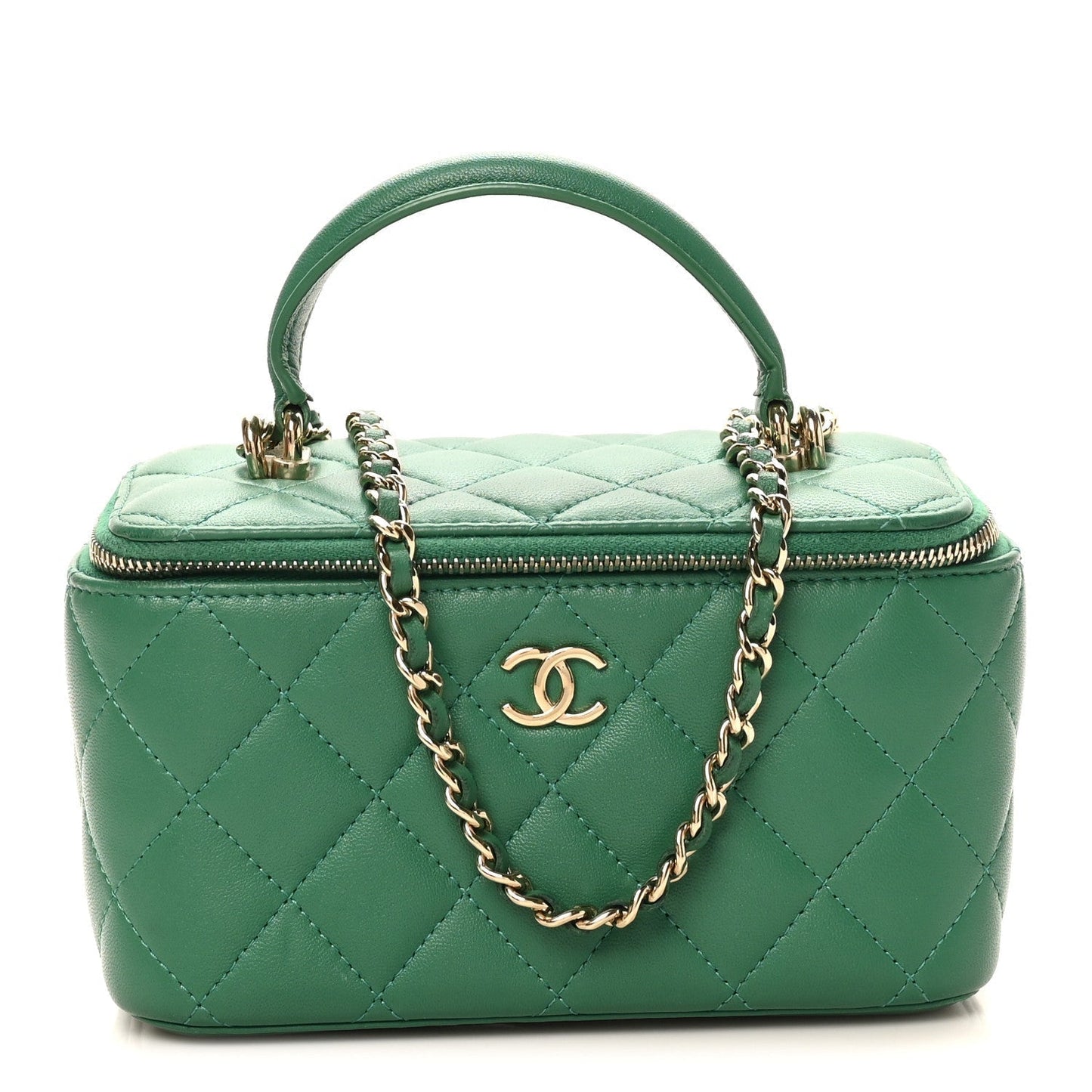 Lambskin Quilted Small Top Handle Vanity Case With Chain Green