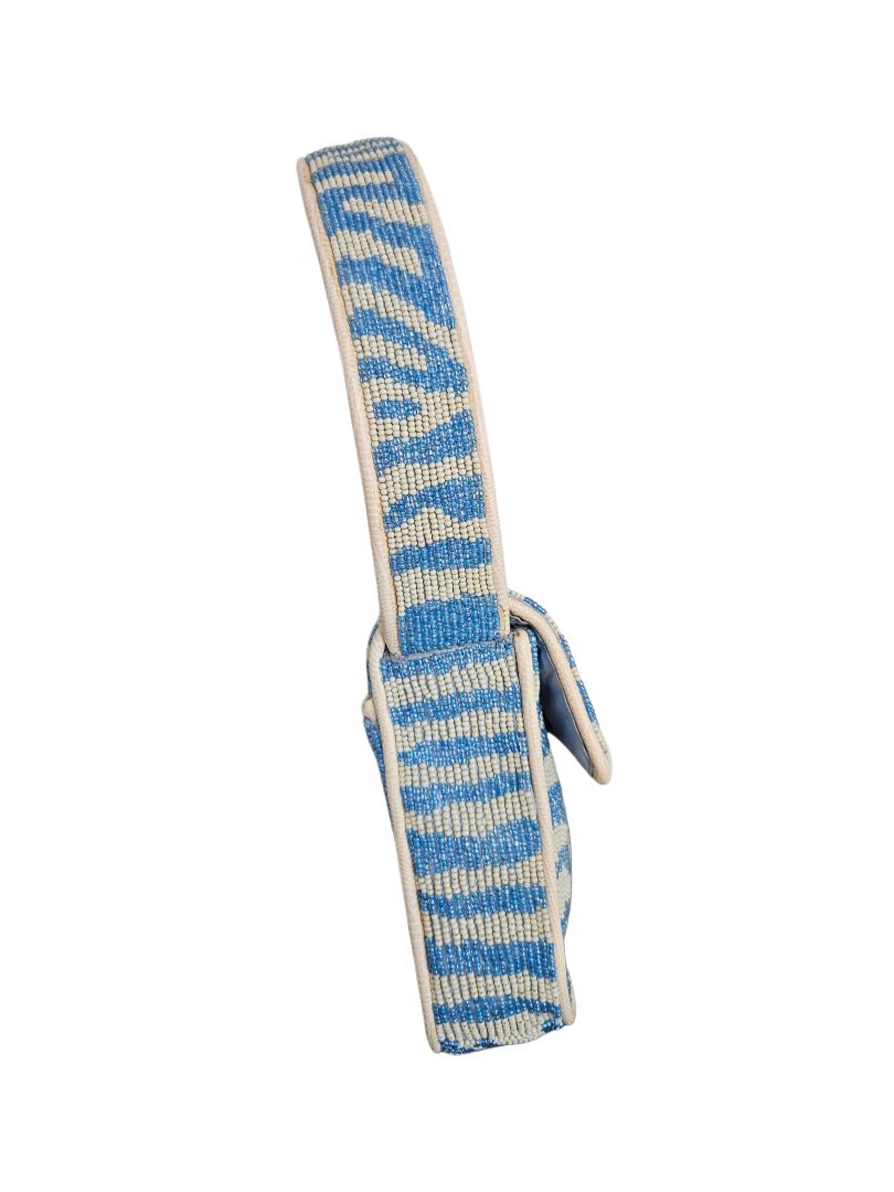 Staud Blue/White Tommy Beaded Flap  Shoulder Bag