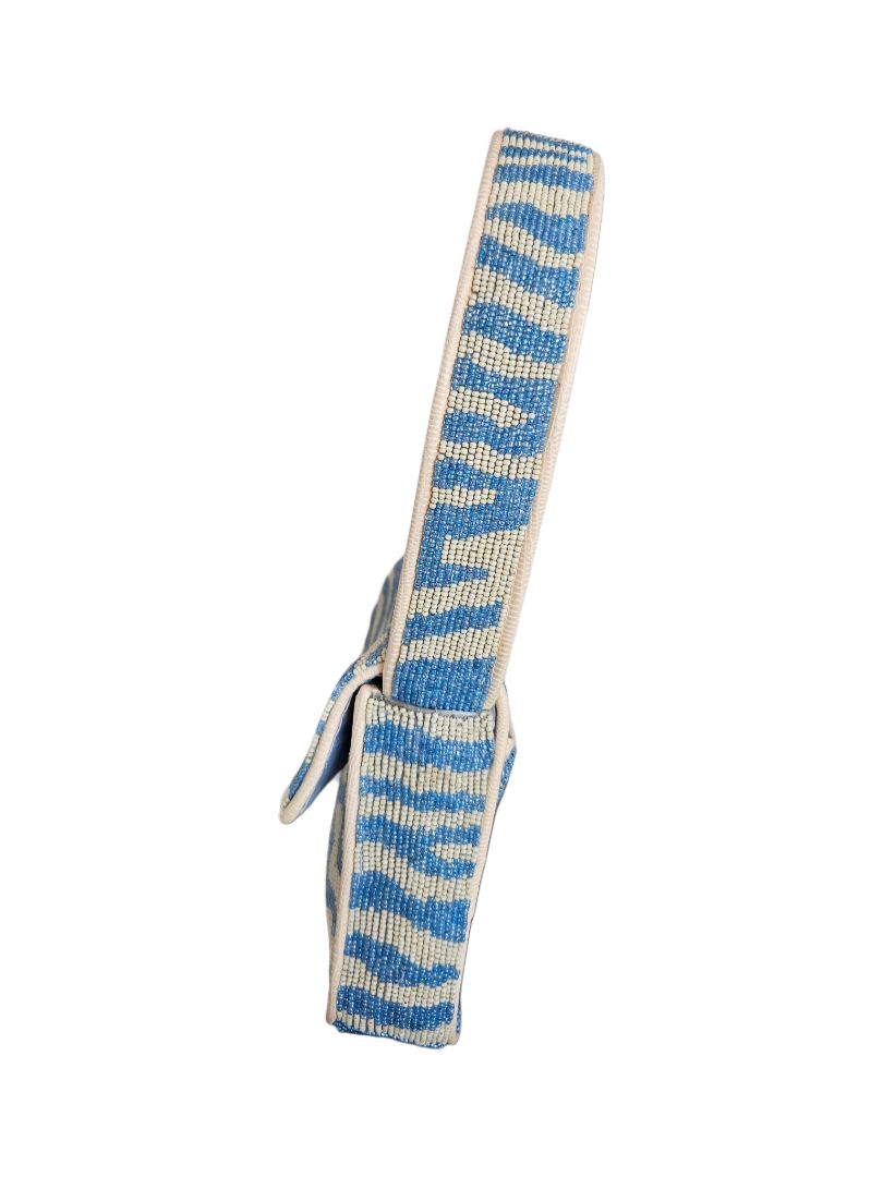 Staud Blue/White Tommy Beaded Flap  Shoulder Bag