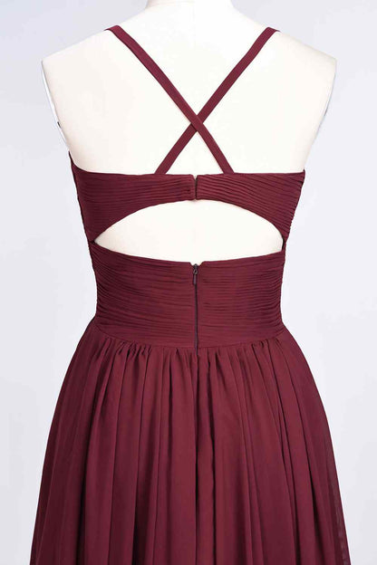 Burgundy A-line V Neck Pleated Crossed Back Chiffon Long Bridesmaid Dress