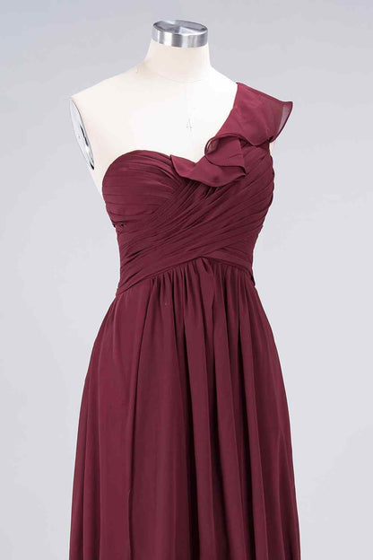 Burgundy A-line Asymmetrical Ruffle Neck Pleated Chiffon Long Bridesmaid Dress
