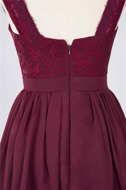 Burgundy A-line Jewel Neck Lace Chiffon Mini Bridesmaid Dress