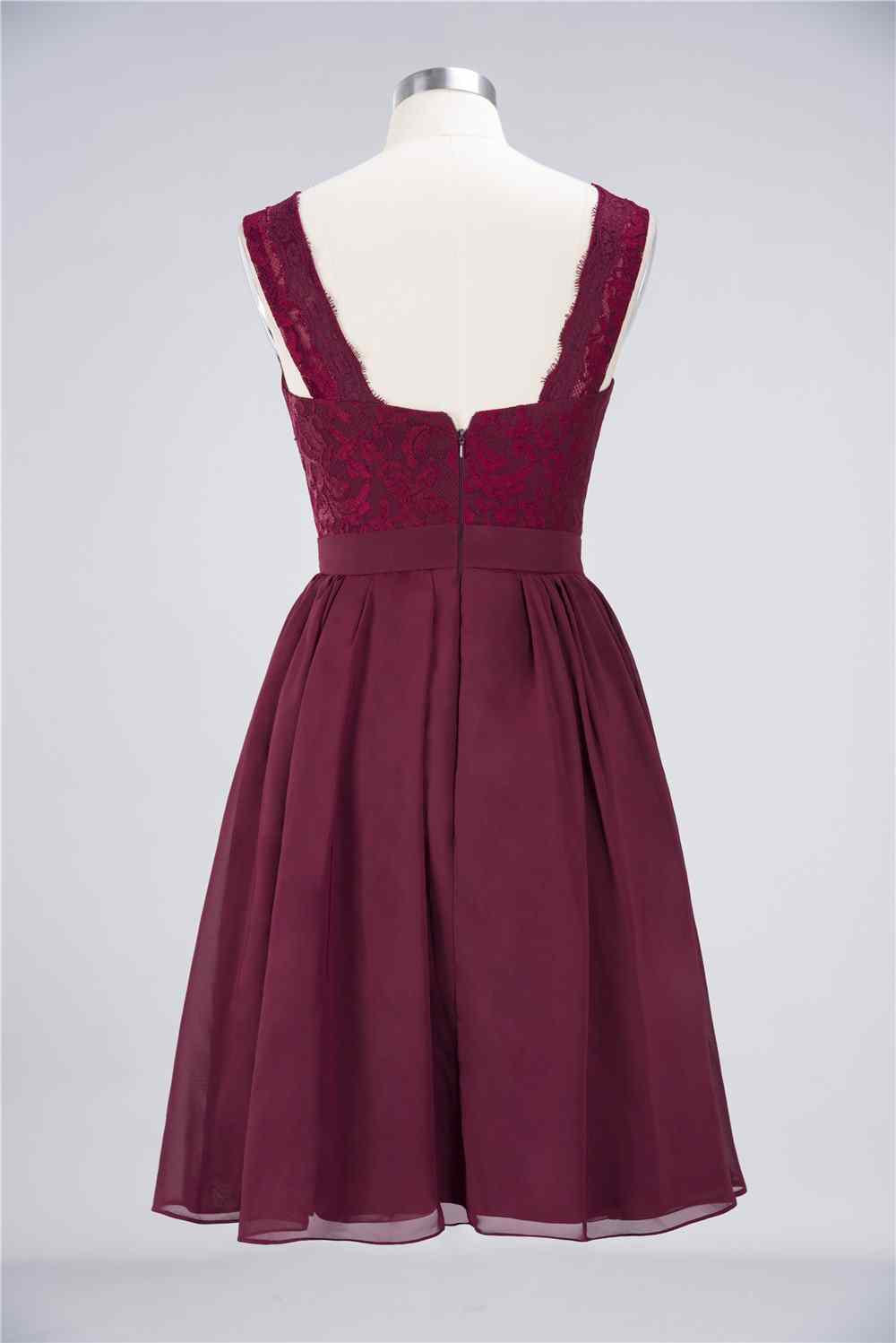 Burgundy A-line Jewel Neck Lace Chiffon Mini Bridesmaid Dress