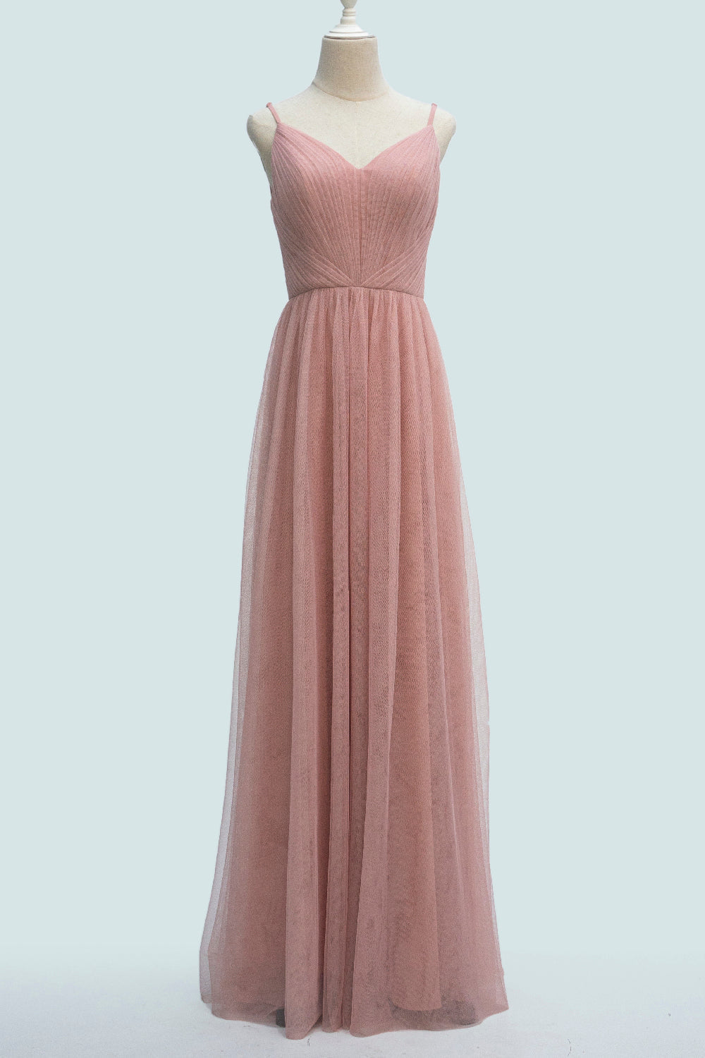 Blushing Pink A-line Spaghetti Strap Pleated Long Bridesmaid Dress