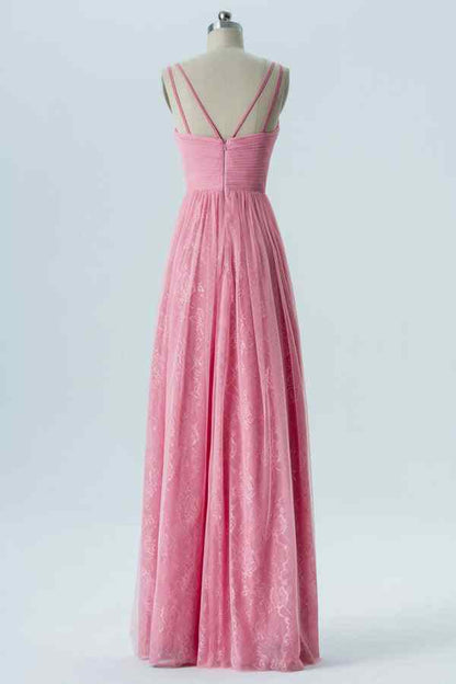Candy Pink A-line Tulle Pleated Prints Long Bridesmaid Dress