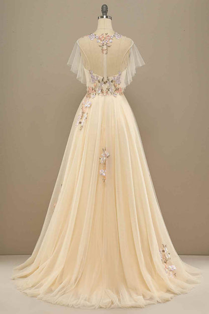 High Neck Tulle A-Line Empire Appliques Prom Party Dress