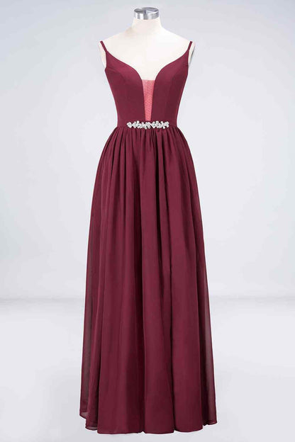Burgundy A-line Plunging V Neck Chiffon Long Bridesmaid Dress with Beaded Sash