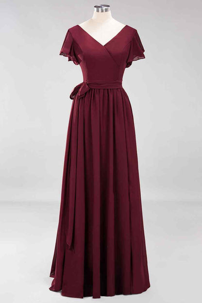 Burgundy A-line V Neck Surplice Chiffon Long Bridesmaid Dress with Sash