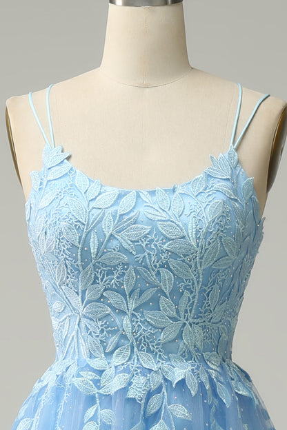 Bateau Sleeveless Tulle A-Line Lace Appliques Prom Party Dress