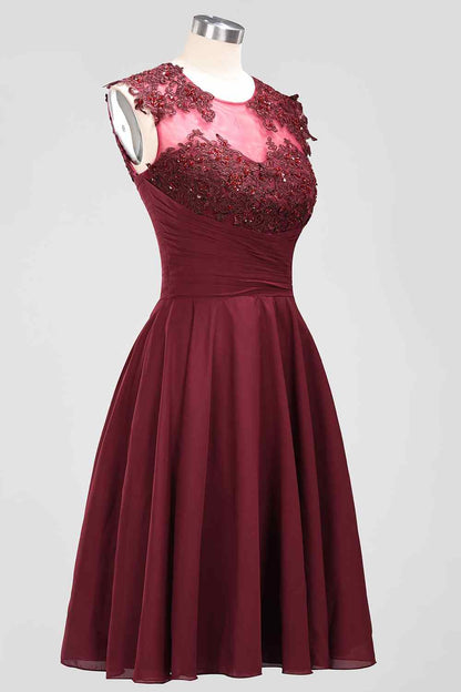 Burgundy A-line Illusion Neck Applique Chiffon Beaded Mini Bridesmaid Dress