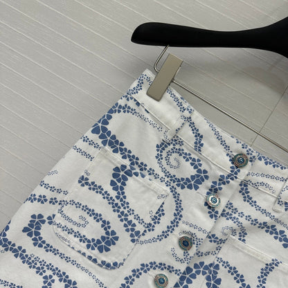 CC 25 Printed Denim Single-breasted Short Skirt Blue White Cotton