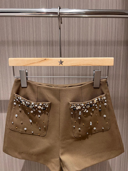 YSL Rhinestone Double Pocket Suit Shorts Light Beige Wool Polyester Rayon