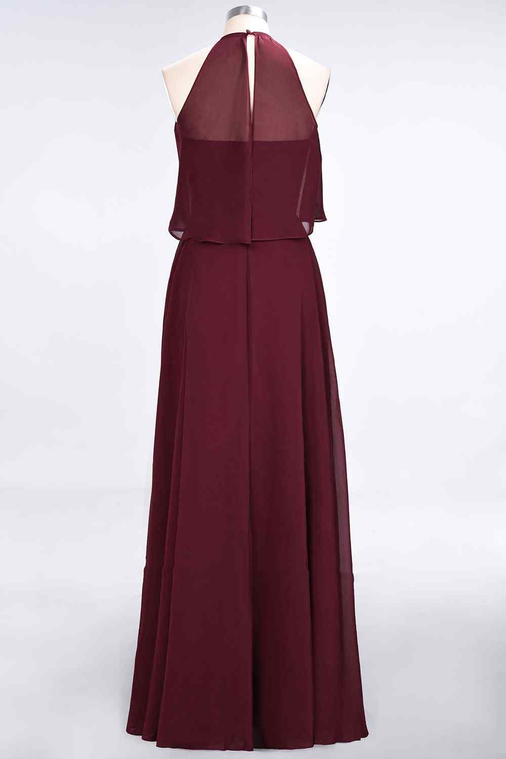 Burgundy A-line Halter Chiffon Crepe Long Bridesmaid Dress