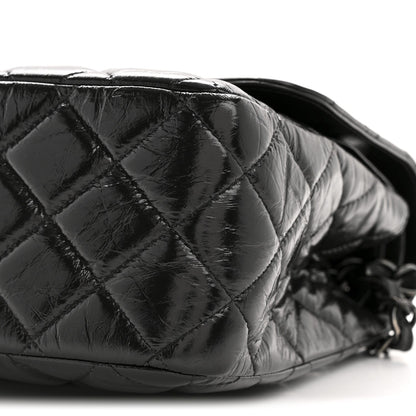 Shiny Crumpled Calfskin Quilted Jumbo Double Flap So Black