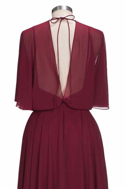 Burgundy A-line V Neck Bow Tie Back Chiffon Crepe Long Bridesmaid Dress