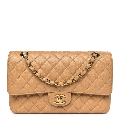 Caviar Quilted Medium Double Flap Beige