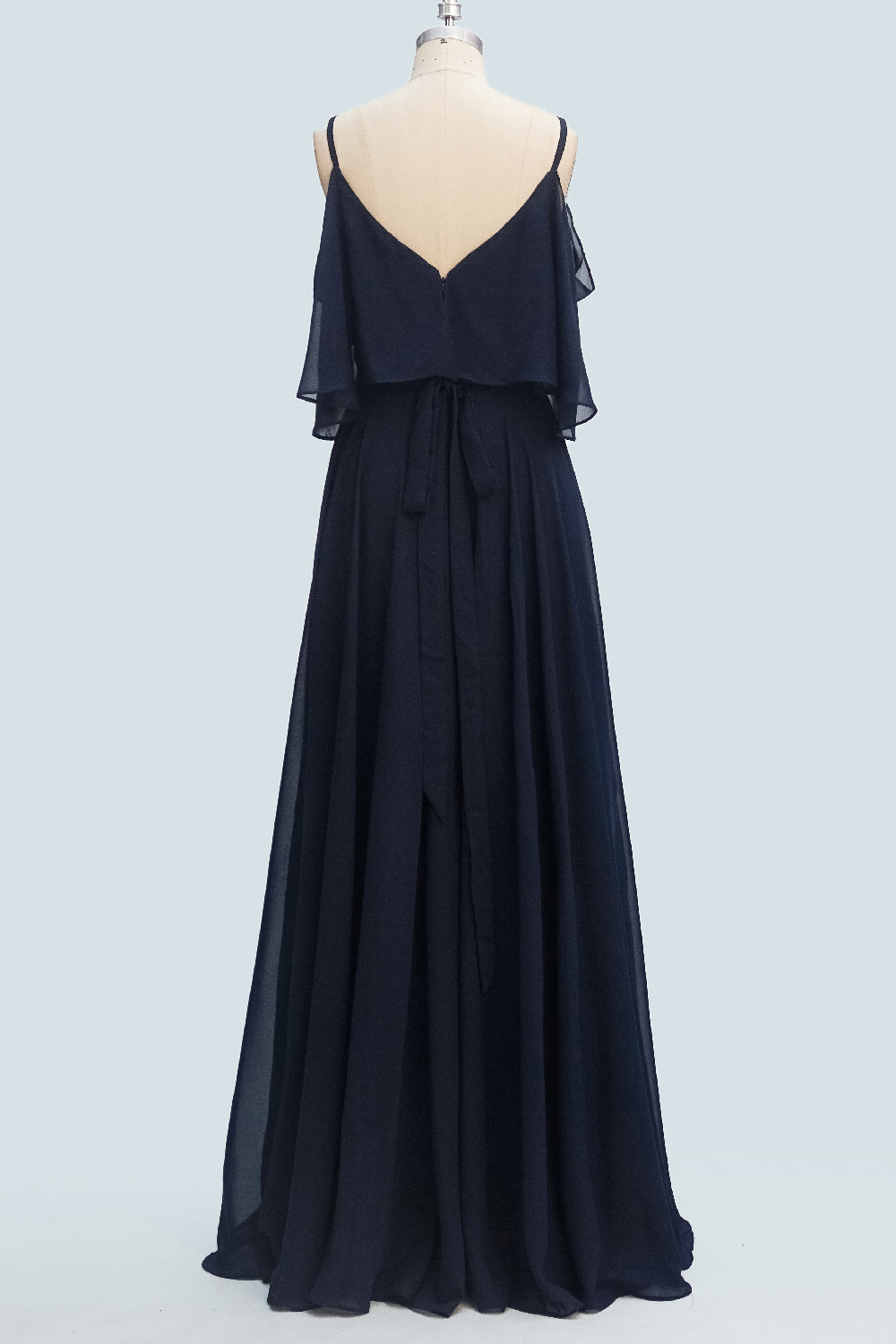 Navy Blue A-line Spaghetti Strap Sash Ruffle Long Bridesmaid Dress