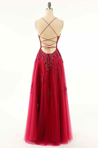 Red Tulle A-Line Lace Appliques Empire Prom Party Dress