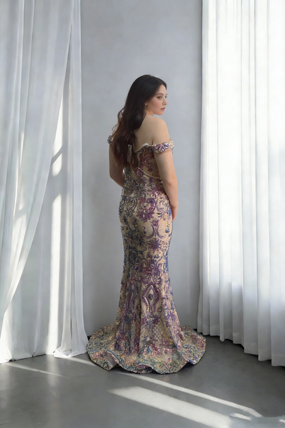 Unique Off The Shoulder Purple Sequin Mermaid Long Evening Dress Birthday Prom Dress SP1707