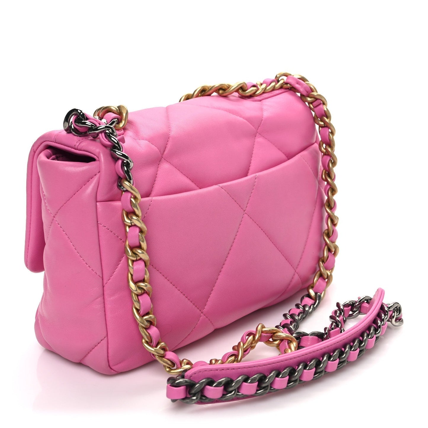 Shiny Lambskin Quilted Medium Chanel 19 Flap Neon Pink