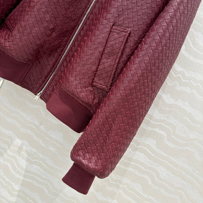 BV Double-Zip Baseball Jacket in Burgundy Lambskin