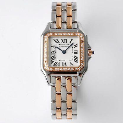PANTHERE 27MM PINK GOLD SILVER CASE DIAMOND BEZEL WHITE DIAL