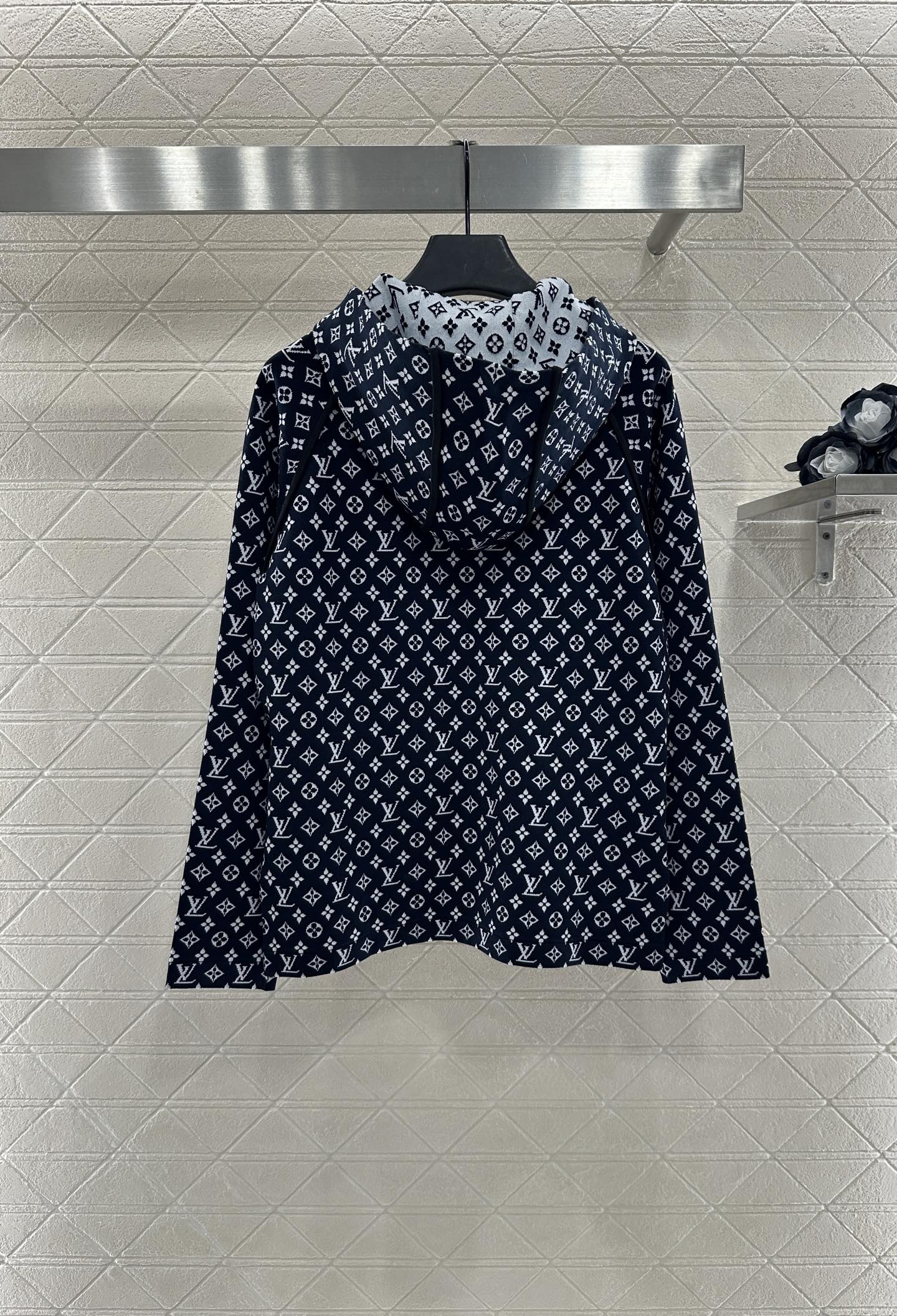 LV25 Patchwork Jacquard Hooded Jacket in Navy Blue Mulberry Silk 294493