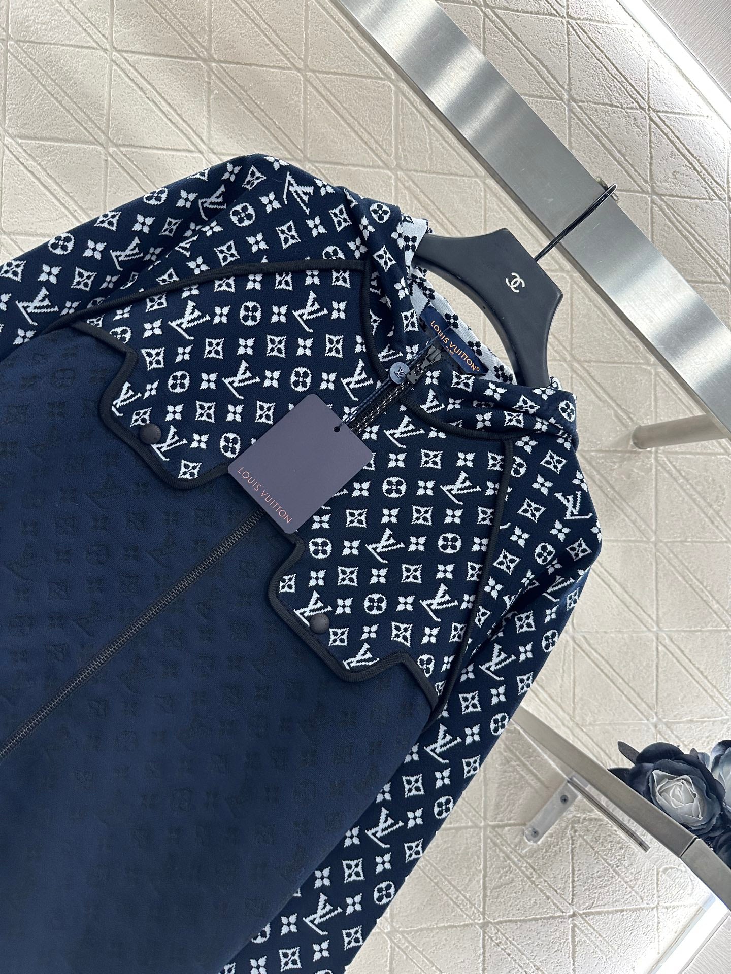 LV25 Patchwork Jacquard Hooded Jacket in Navy Blue Mulberry Silk 294493