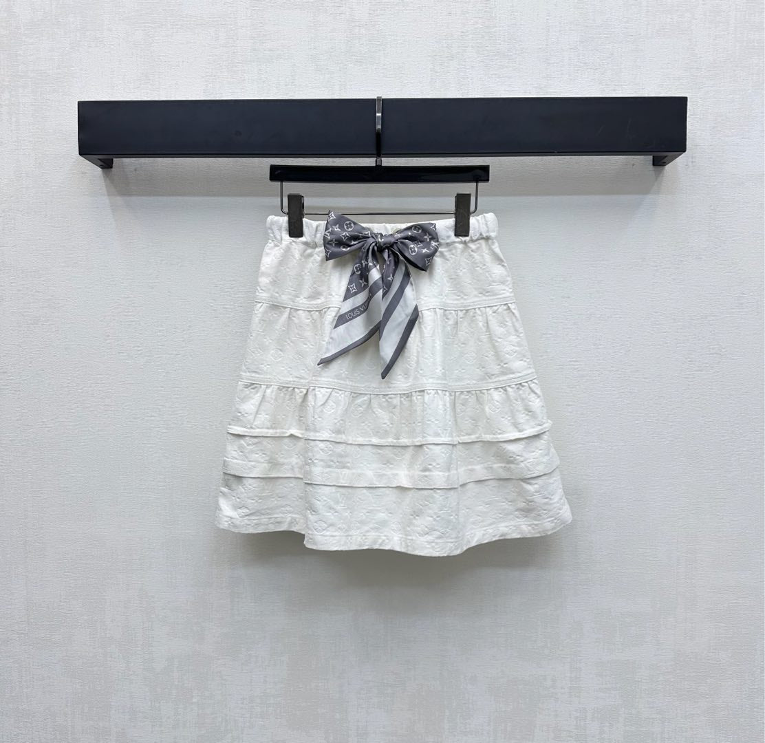 LV25 Embossed Denim Scarf Skirt White Grey Cotton 291767