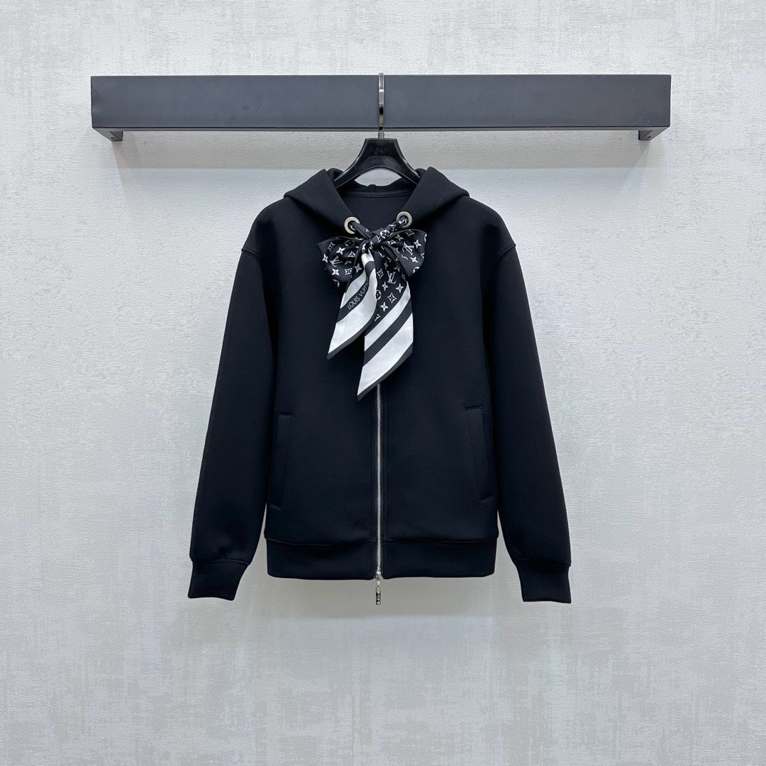 LV25 Silk Scarf Hooded Jacket Black Cotton 290214
