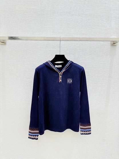 Loewe Hooded Contrast Striped Knit Wool Cashmere Long Sleeve Top