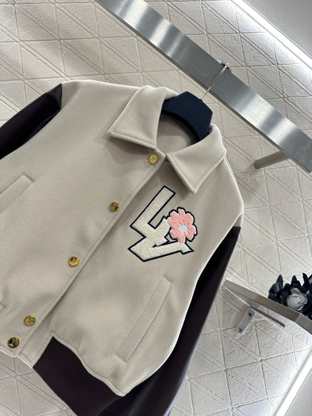 LV 26 Patchwork Leather Baseball Wool Jacket