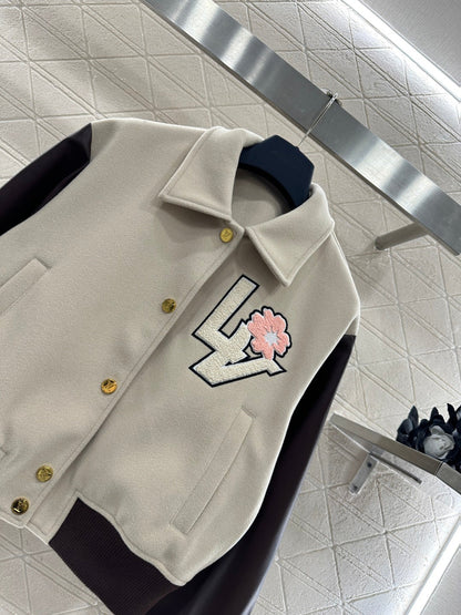 LV 26 Patchwork Leather Baseball Wool Jacket