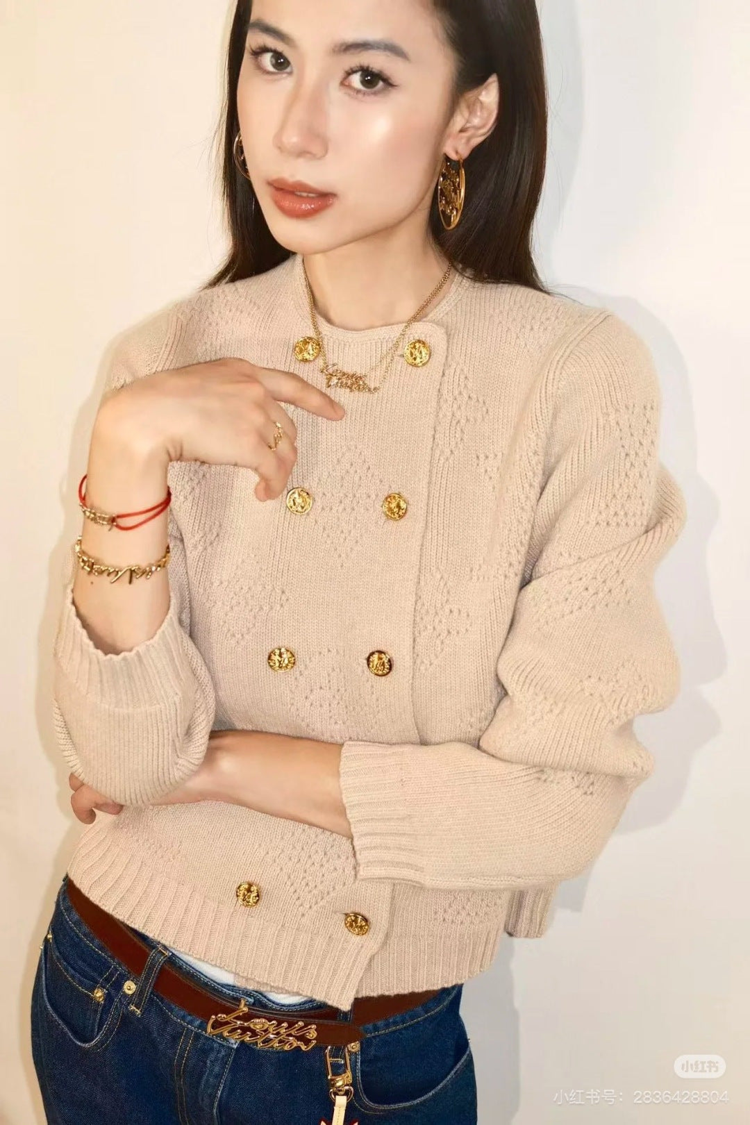 LV 25 Pattern Gold Button Cardigan + Pleated Mini Skirt