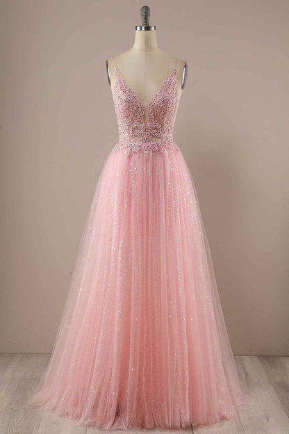 V-Neck Open Back Tulle A-Line Long Party Prom Dress