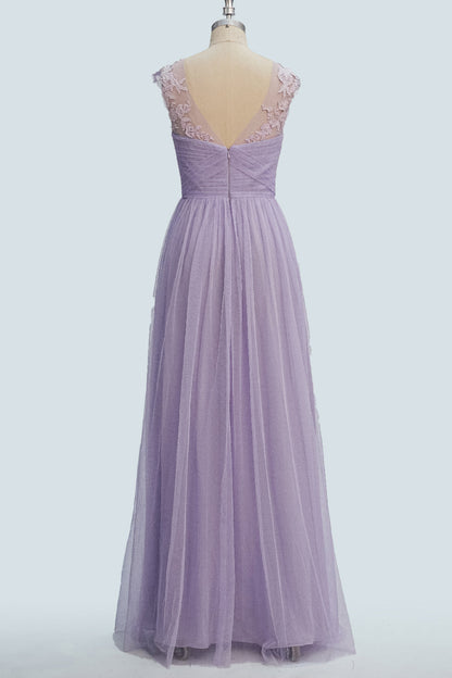 Lavender A-line Illusion Tulle Pleated Lace Long Bridesmaid Dress