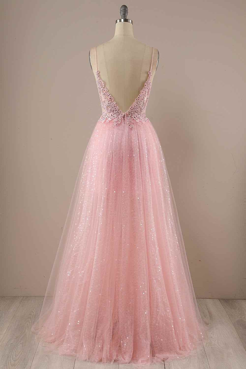 V-Neck Open Back Tulle A-Line Long Party Prom Dress