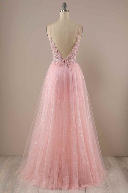 V-Neck Open Back Tulle A-Line Long Party Prom Dress