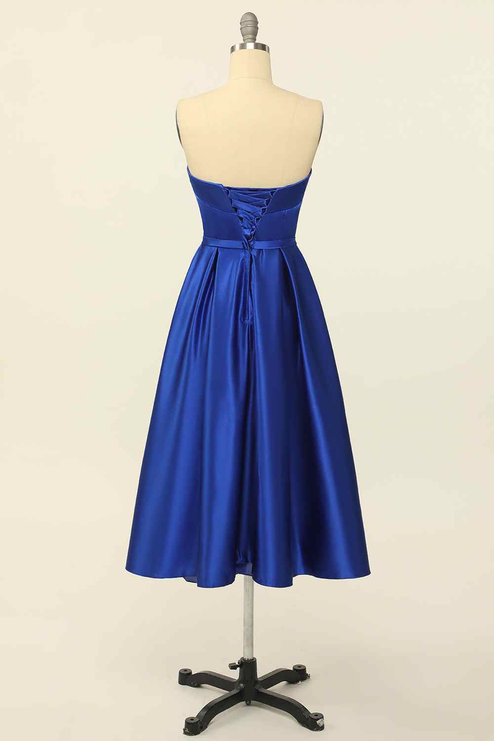 Royal Blue A-line Fold Strapless Lace-Up Back Satin Mini Homecoming Dress
