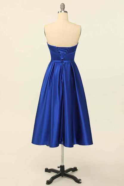 Royal Blue A-line Fold Strapless Lace-Up Back Satin Mini Homecoming Dress